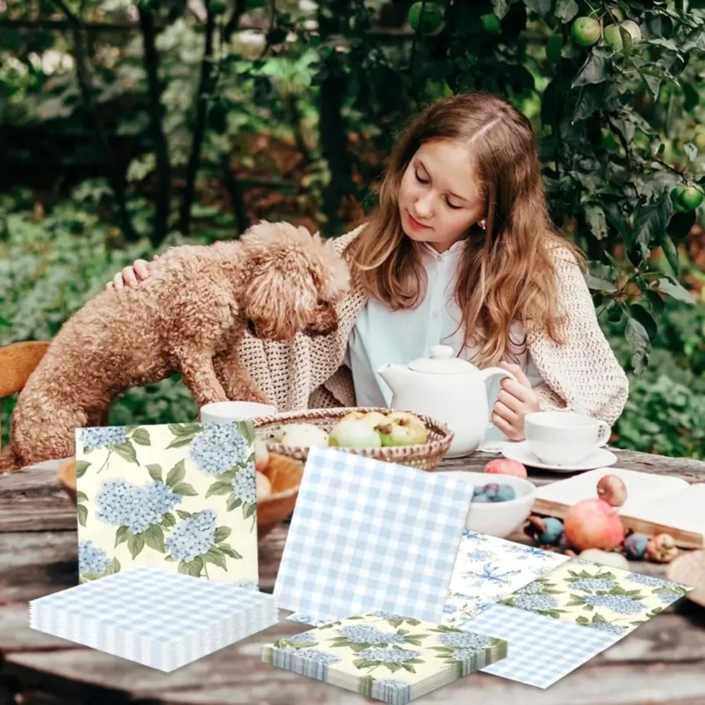 Four-in-One Blue Floral Gingham Designs Luncheon Napkin, 20 pcs